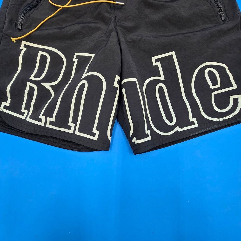 Rhude Mens Black Logo Nylon Shorts Yellow Drawstring Size M Streetwear Luxury - Picture 7 of 11